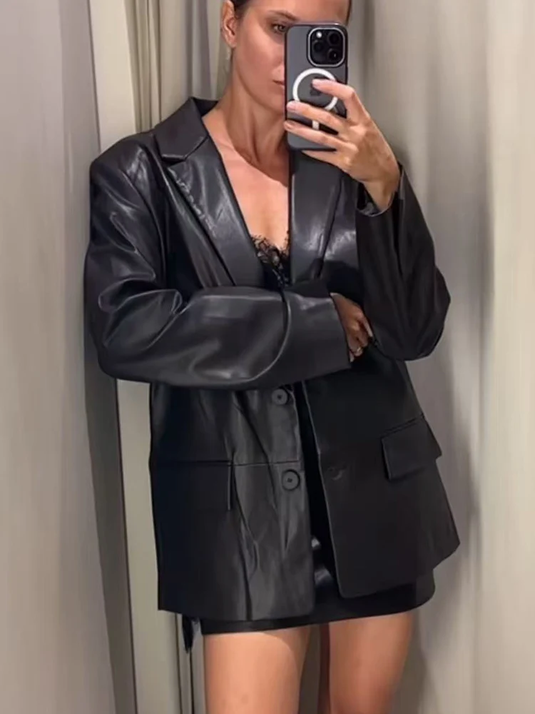 Autumn New Women Casual Faux Leather Blazer Jacket Solid Color Long Sleeve Single Breasted PU Jackets Luxury Fashion Loose