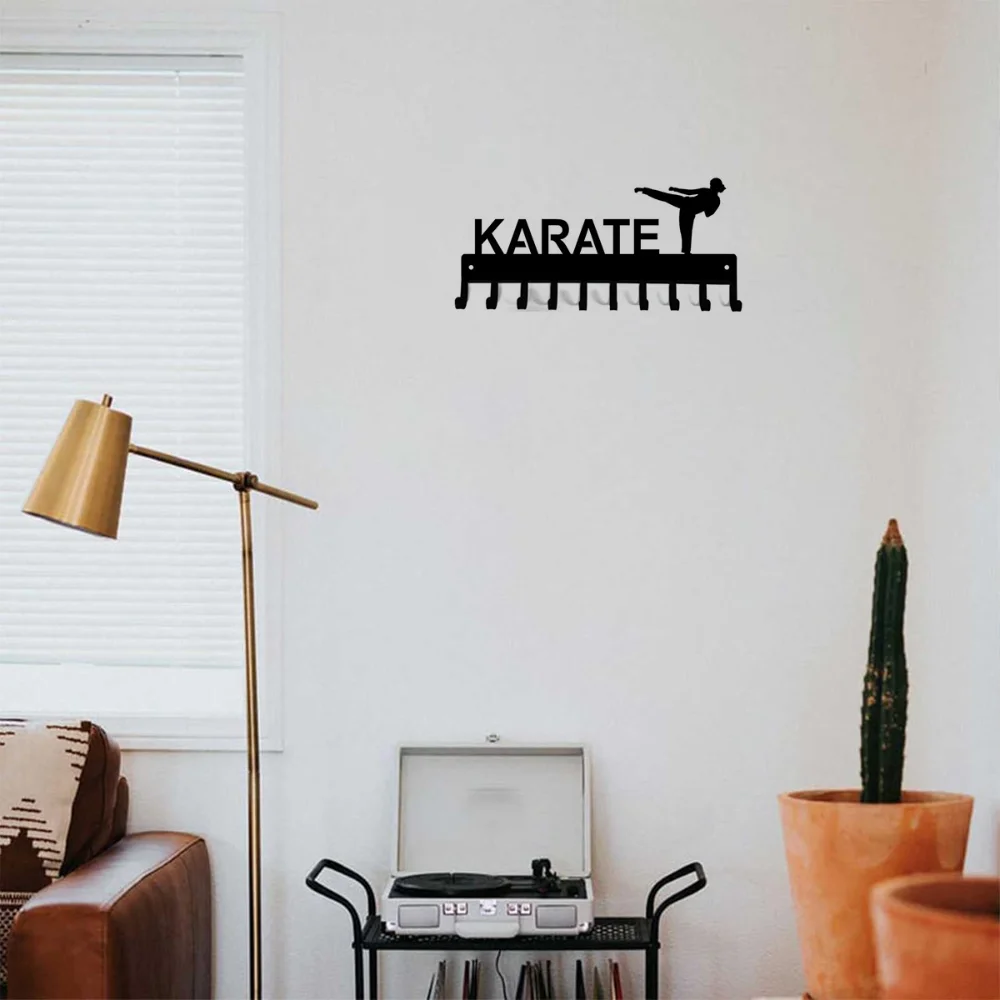 Karate Sparring Medal Hanger & Belt Rack: 14.5 Inches Wide with 10 Hooks, Metal Wall Art for Displaying Achievements and Belts" 5