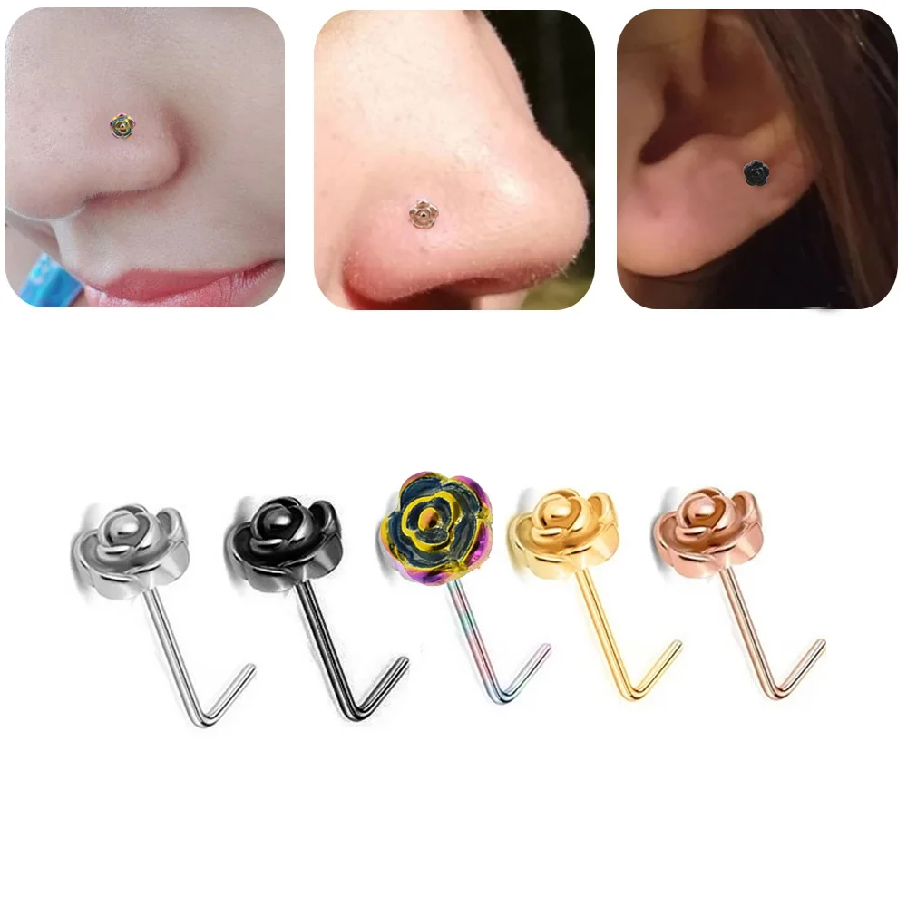 Punk Men Rose Flower L Shape Stainless Steel Piercing Accessories Nose Stud Lip Ring Body Jewelry