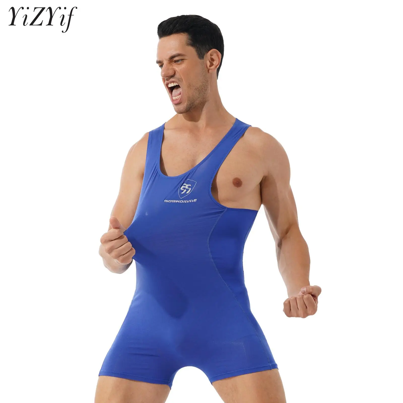 Men Sleeveless Solid Color One Piece Sport Undershirts Boxers Bodysuit Jumpsuit Wrestling Singlets Gym Workout Fitness Leotards