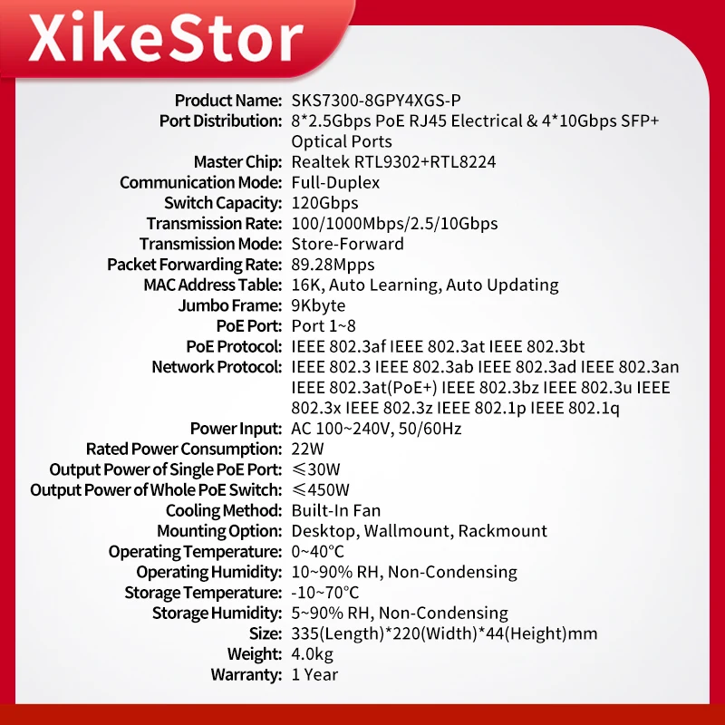 XikeStor 12 Ports Layer2 Managed PoE hub,8 2.5G poe RJ45 +4 10G SFP+ Ports WEB/CLI Management Port Aggregation VLAN Division