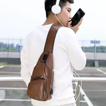 ⁦New USB Charging Chest Bag with Headset Hole Mens Multifunction Single Strap Anti Theft Chest Bag with Adjustable Shoulder Strap⁩ – תמונה ⁦2⁩