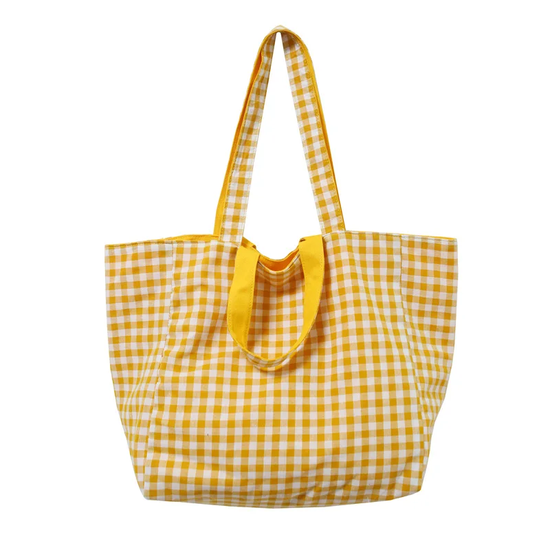 

Shopping Bag Reusable 6 Colors Large Canvas Shoulder Bag Lady 1 Pc Double-sided Plaid Student Book Handbags Grocery Tote Bag