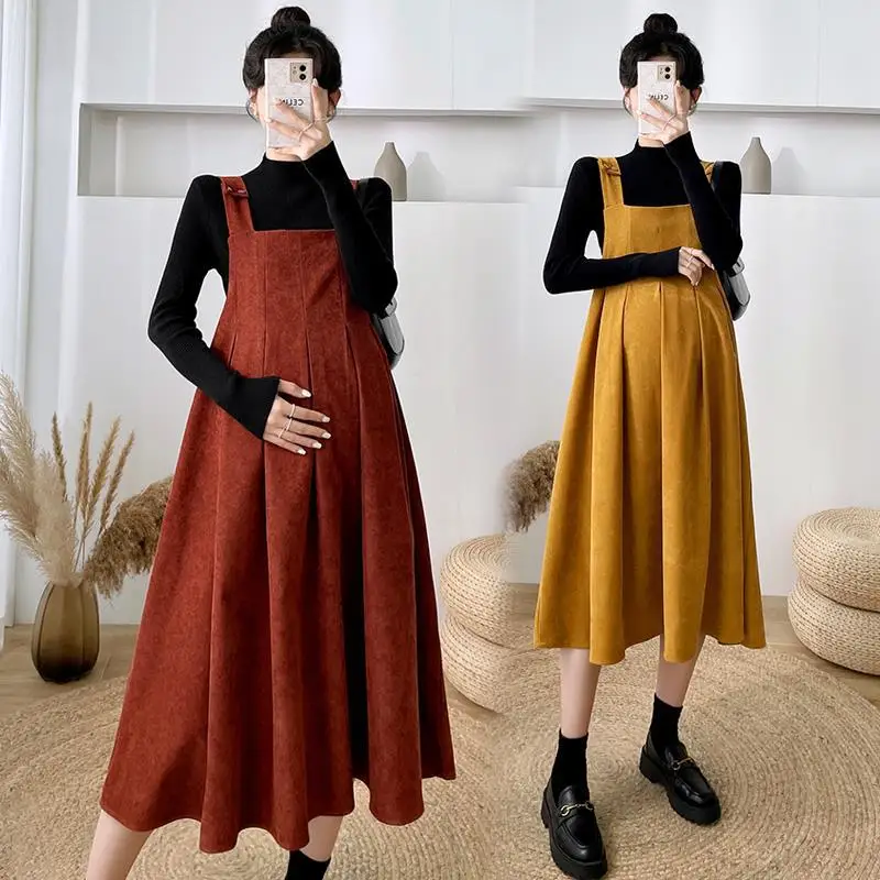 new-pregnant-women's-back-skirt-spring-and-autumn-fashion-wear-net-red-suit-skirt-corduroy-two-piece-dress