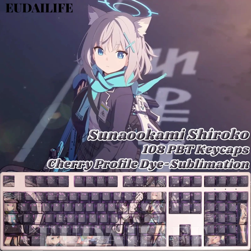 Sunaookami Shiroko-teclado Mecânico Arquivo Azul Sublimação Pbt Transmissor de Luz Cherry Key Cover Switch 108 Keycaps