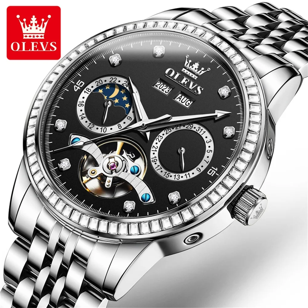 OLEVS 7016 Luxury Mechanical Watch For Men Moon Phase Hollow Dial Luminous Fashion Automatic Wristwatch Original Mens Watches tandorio automatic diving watch for men double bow domed sapphire crystal nh35 pt5000 movt 200m water resist 40mm luminous dial