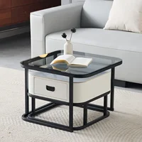 SHARPDO Tables Basses gigognes, Pierre Sinterisée & Verre trempé, Tiroir Simili Cuir Blanc, Lot de 2, 60/50 cm, Design Moderne pour Salon, Carrée (carrée) 3
