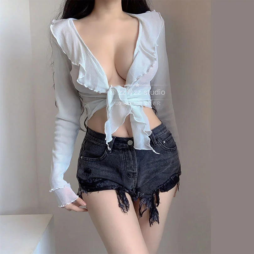 Summer New WOMENGAGA Sexy Lace Mesh Sweet Ladies Ruffle Solid Color Thin Long Sleeve T-shirt Hot Sexy Tees Tops 2023 10C7