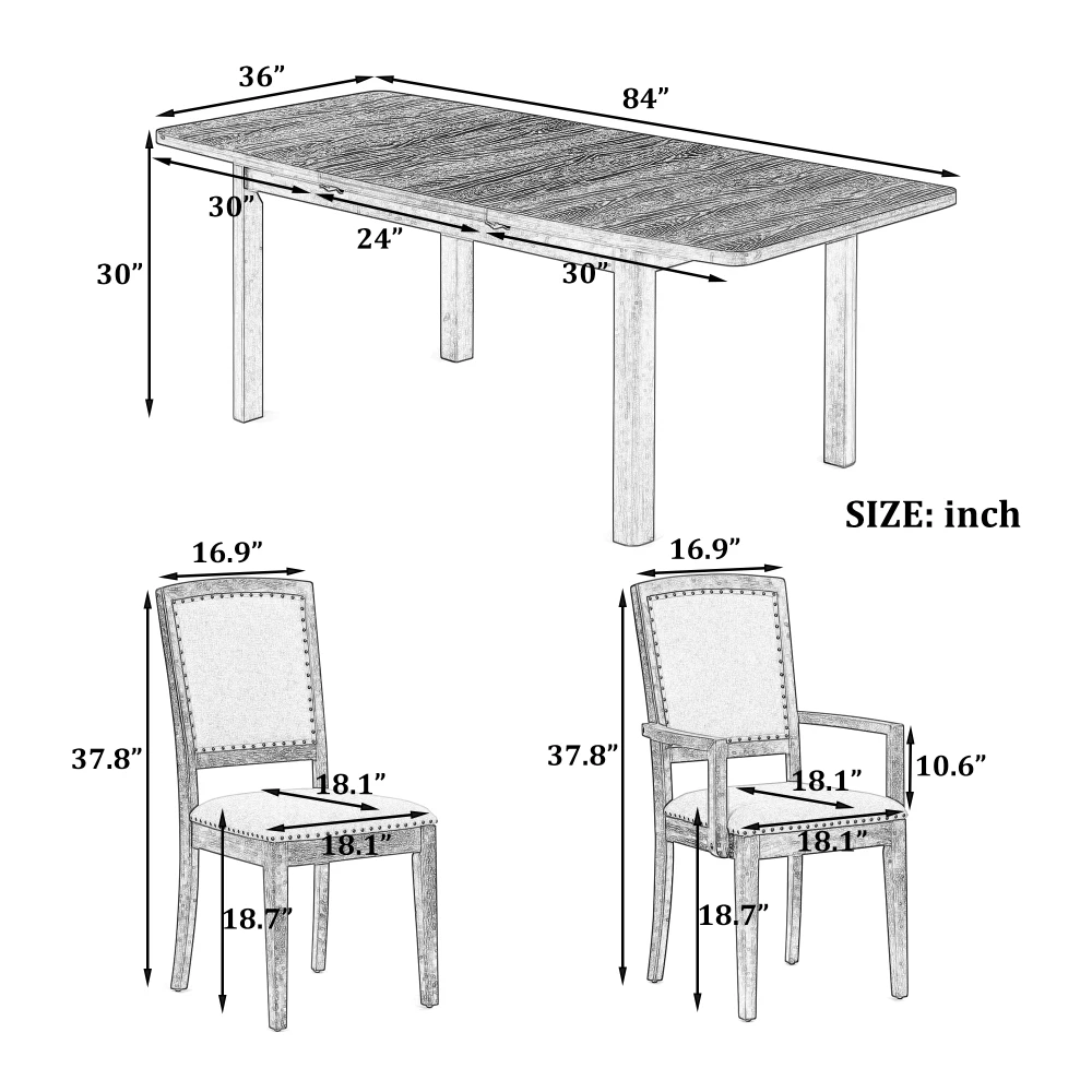 YQXH Rustic Extendable 84inch Dining Table Set with 24inch Removable Leaf , 6 Upholstered Armless Dining Chairs