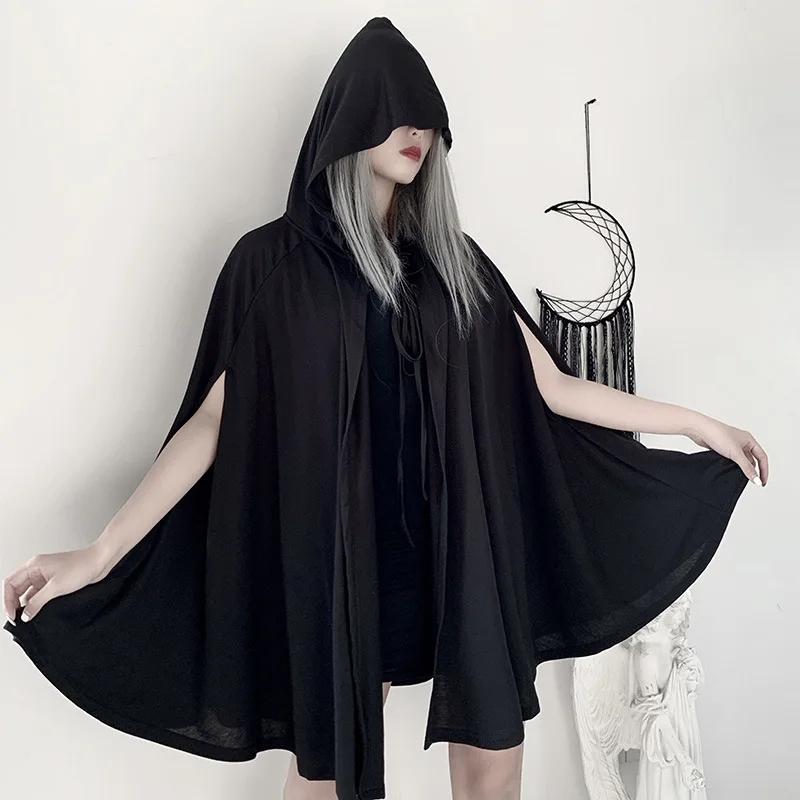 Dark Gothic Capes Hoodies Women Sleeveless Cosplay Anime Ponchos 2023 Vintage Harajuku Mid Length Black Plus Size Witch Cloaks y2k rhinestone skeleton hoodies women gothic black zip up oversized sweatshirts female retro harajuku hooded jacket streetwear