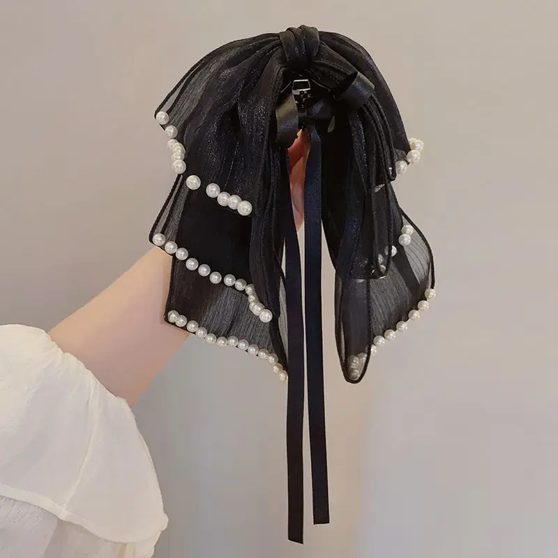 여성용 우아한 나비 매듭 진주 머리 집게, 섬세한 머리핀 바레트, 포니테일 클립 머리 장식, 한국 스타일 헤어 액세서리