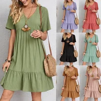 2025 Loose V-neck Short Sleeved Pleated Women Dress Solid Color A-line Beach Dresses Elegant Simple Comfortable Woman Clothing