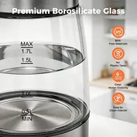 Bouilloire électrique en verre 1,7 L, 2200 W, bouilloire à ébullition rapide avec lumière LED bleue, arrêt automatique et protection contre l'ébullition à sec, bouton de filtration pour ouvrir le couvercle, verre transparent, conception sans fil 4