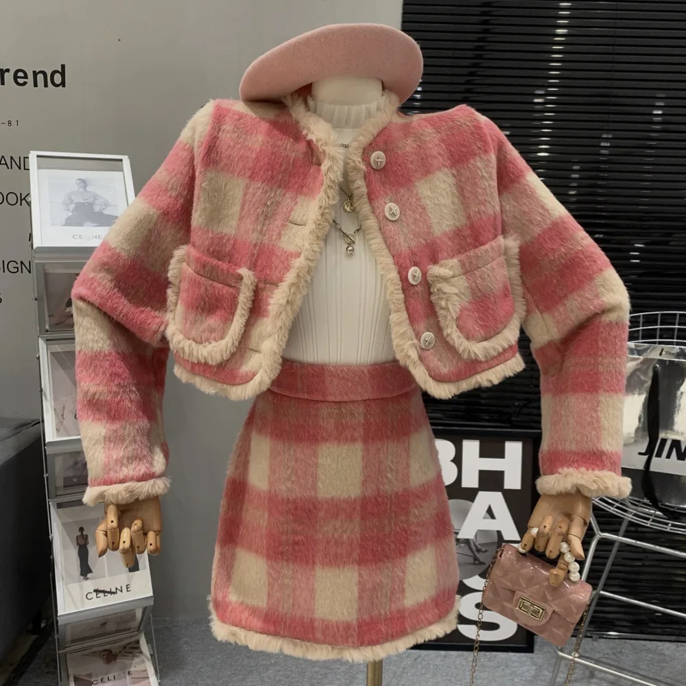 

Autumn Winter 2023 New Patchwork Wool Jacket Pencil Skirt Two-Pieces Set Floral Vintage Plaid Women's Suits Office Lady Suit