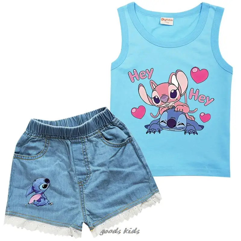 Set di vestiti estivi per bambini Lilo e Stitch ragazzi e ragazze t-shirt e Jeans pantaloni 2 pezzi set di abbigliamento per bambini