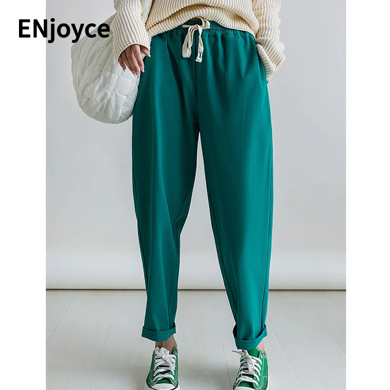 

Women High Waist Lace-Up Elastic Waist Ankle Length Jeans Basic Simple Casual Loose Trousers Daily Denim Pants Spring Fall
