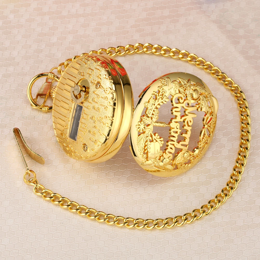 Merry Christmas Musical Quartz Pocket Watch Luxury Gold Hollow Steampunk Retro Roman Numerals Pendant Clock Fob Chain New 2023
