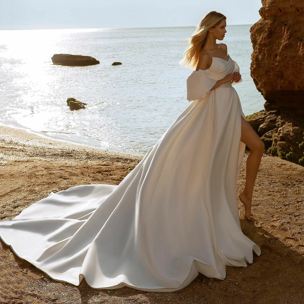 

UZN Ivory A-Line Satin Beach Wedding Dress Sexy High Slit V-Neck Brides Dresses Robes de mariée Chic Puffy Sleeves Bridal Gowns