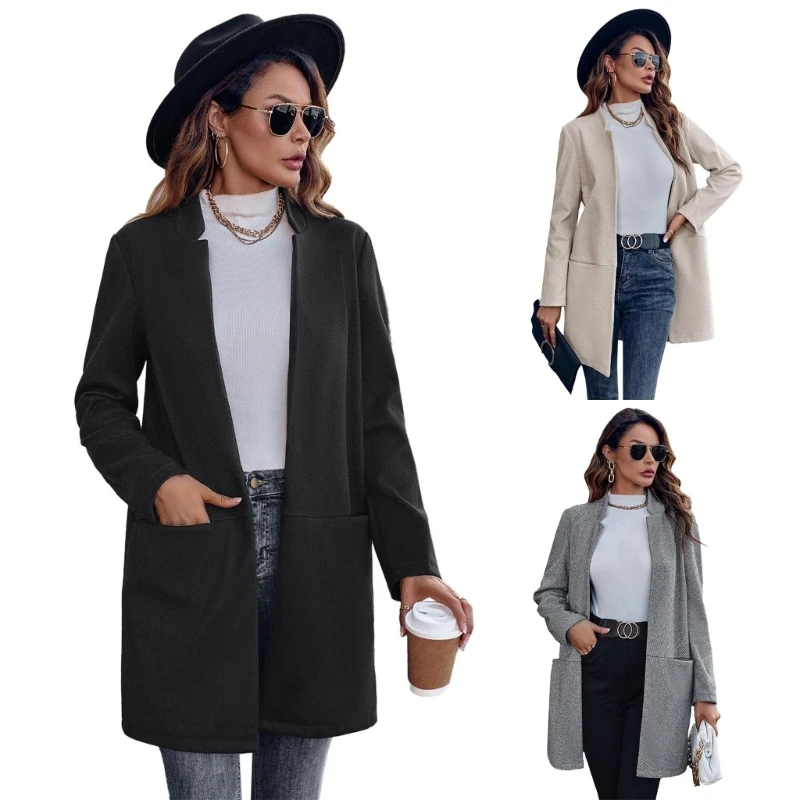 

Womens Notched Stand Collar Long Coat Open Front Cardigan Trench Overcoat Dropship