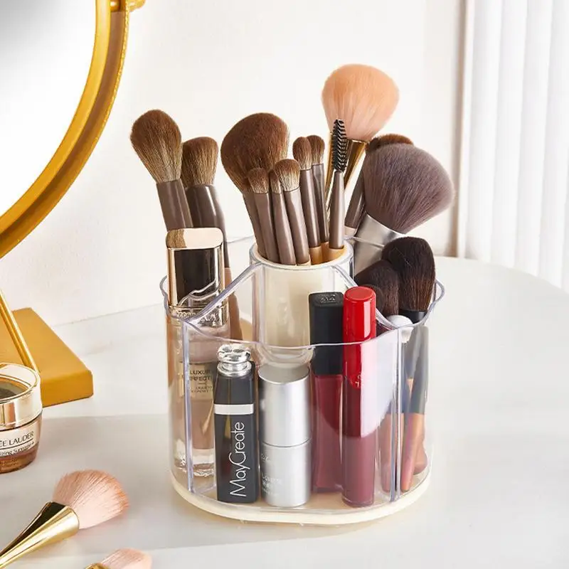 Rotating Makeup Brush Holder Organizer With Lid Spinning Brush