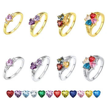 U7 925 Sterling Silver Custom 1-4pcs Heart Birthstone Rings for Woman Size 5-11 Personalized Birthday Wedding Rings Jewelry Gift 1