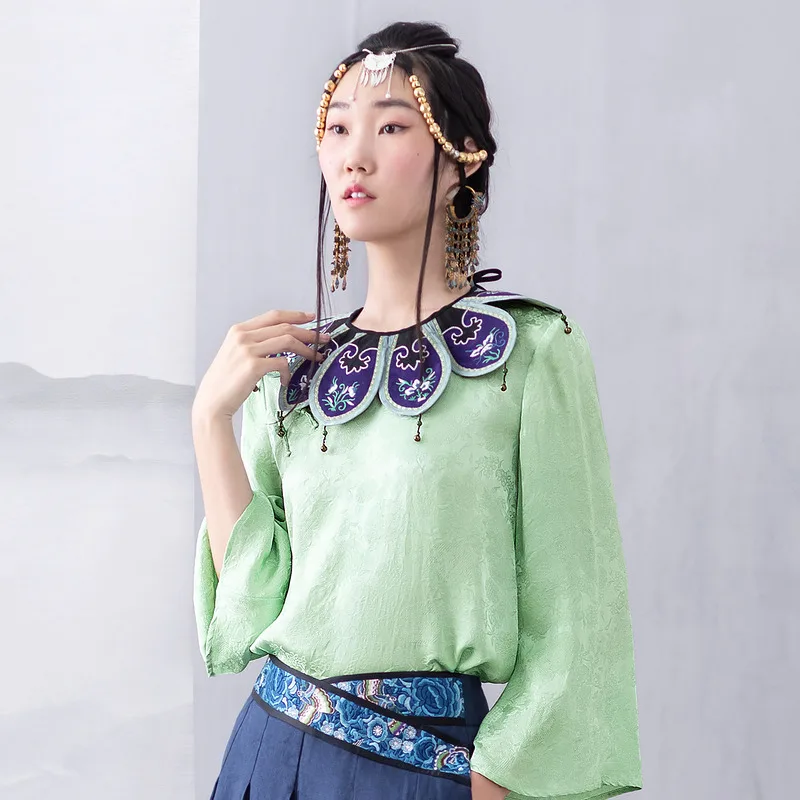 A Life On The Left Women Silk Blouses Long Flare Cuffs Round Neck Loose Shirt Decorative Buckle Jacquard Vintage Elegant Tops