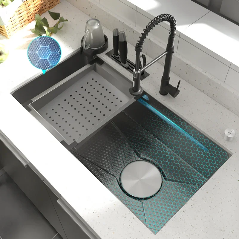 

Stainless Steel Kitchen Sink Embossed Large Single Slot Multifunctional Bowl Household Wash Basin For Kitchen