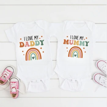 I Love Daddy Mummy 레인보우 프린트 베이비 바디수트, 재미있는 여름 반팔 신생아 롬퍼 바디, 소년 소녀 점프수트