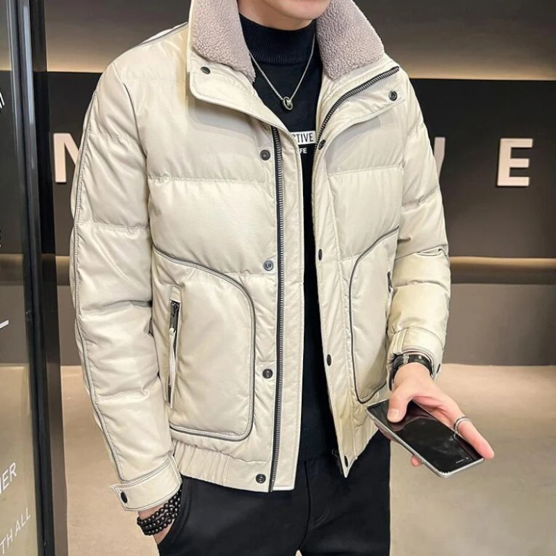 Winter New Men Leather Down Jacket Male Fashion Lapel Short Thicken Warm Large Size Outwear Business Casual Solid Color Outcoat