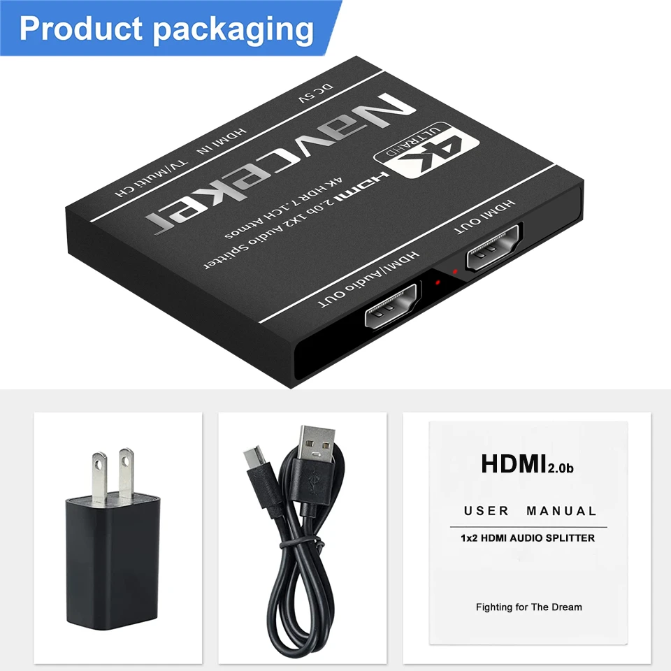 4K HDMI Splitter 1x2 HDMI 2.0 Splitter 1 in 2 out HDMI Audio Extractor HDR HDMI2