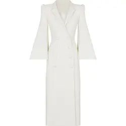 Women's White Flare Sleeve trench Coat, Turn-Down Collar, Pleated, Elegant, New