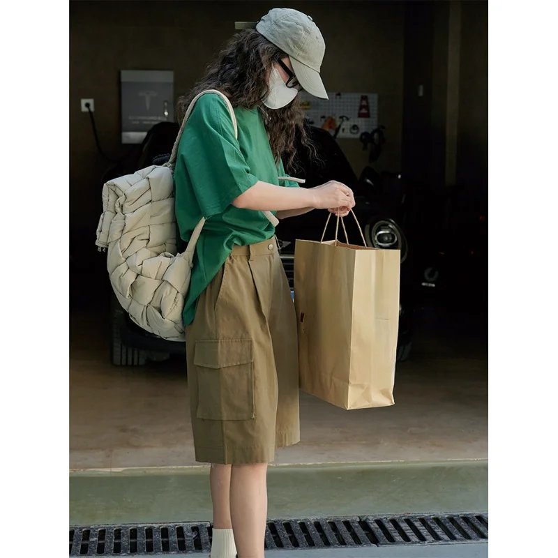 Summer Women Wide-leg Shorts Pocket Cargo Pants Half Loose Slim Casual New Japanese Street Style Overalls Cropped Middle Joggers