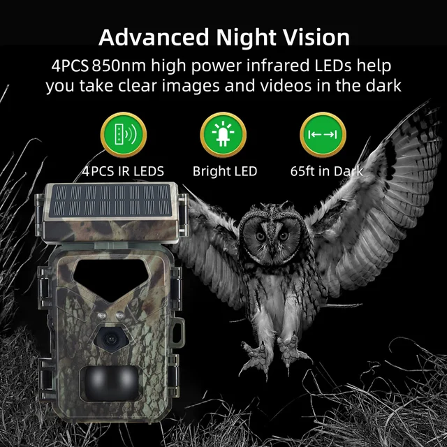 Solar Powered Night Vision Trail Camera 50MP 4K Hunting Cameras 0.3s Trigger Time Trail Camera for Wildlife Monitoring Hunting 3