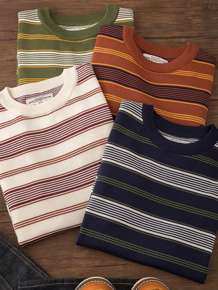 Heavyweight American Retro Airchi round Ne Elastic Stripe Lyocell  Knitted ort Sve Men's T-irt Summer Fai...