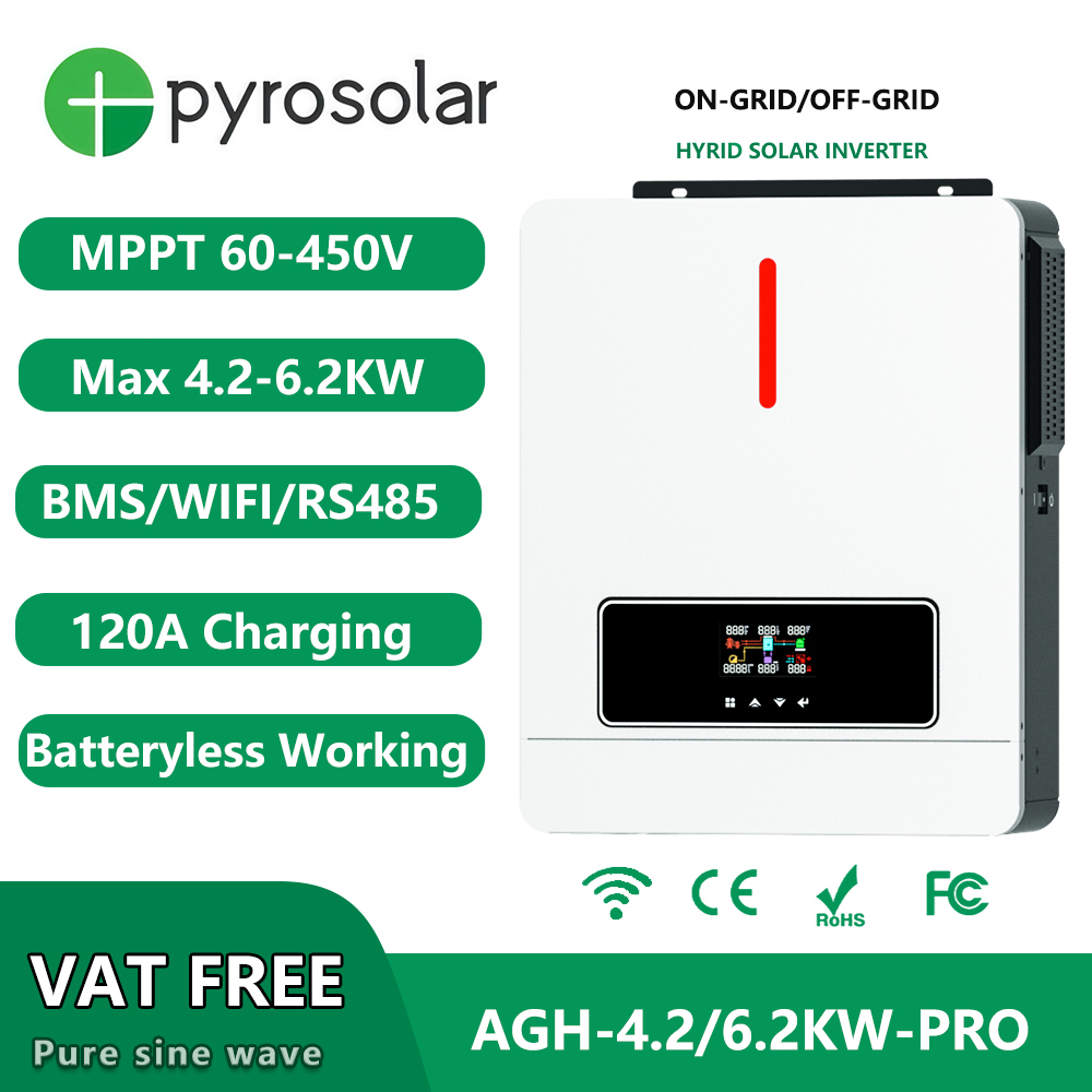 Pyrosolar 6.2KW 4.2KW Hybrid Solar Inverter Pure Sine Wave 24V 48V 230V Dual Load Output MPPT 120A Solar Charger Power inverters
