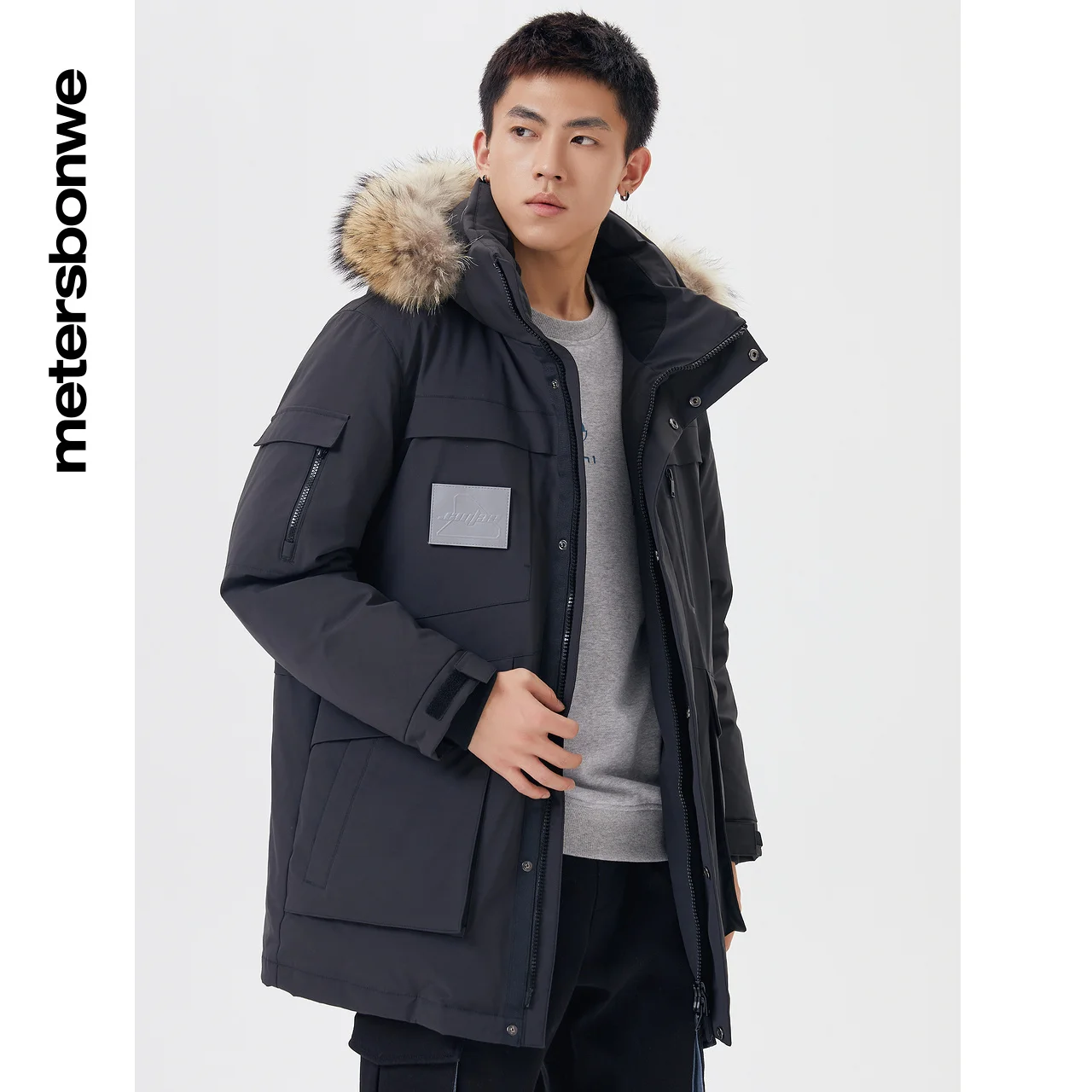 Metersbonwe Long Down Jacket Winter Men Fur Collar Hooded Thick Winter Down Coat Fashion Overcoat Pocket  Red Outerwear Warm