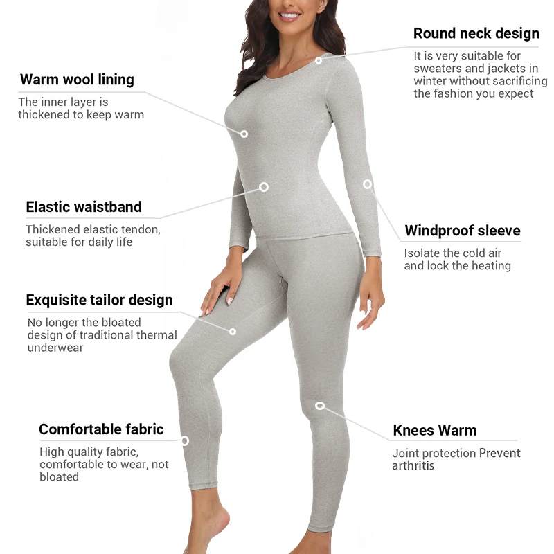 Thermal underwear set women winter under layer clothes lace V neck warm fleece pajamas sets 2 pieces long john top legging thermal underwear sets