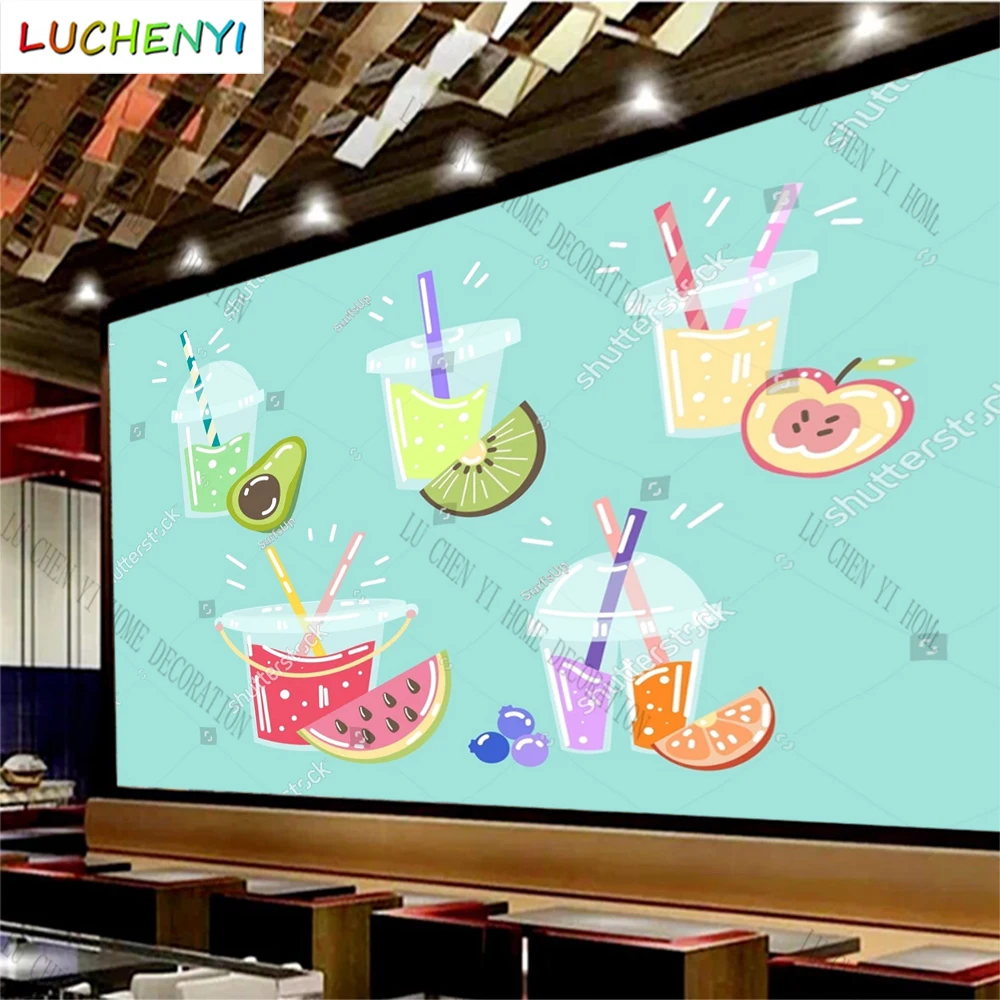 

Custom juice bubble tea fruit tea mural wallpaper restaurant cold drinking shop dining room wall papers home decor sticker