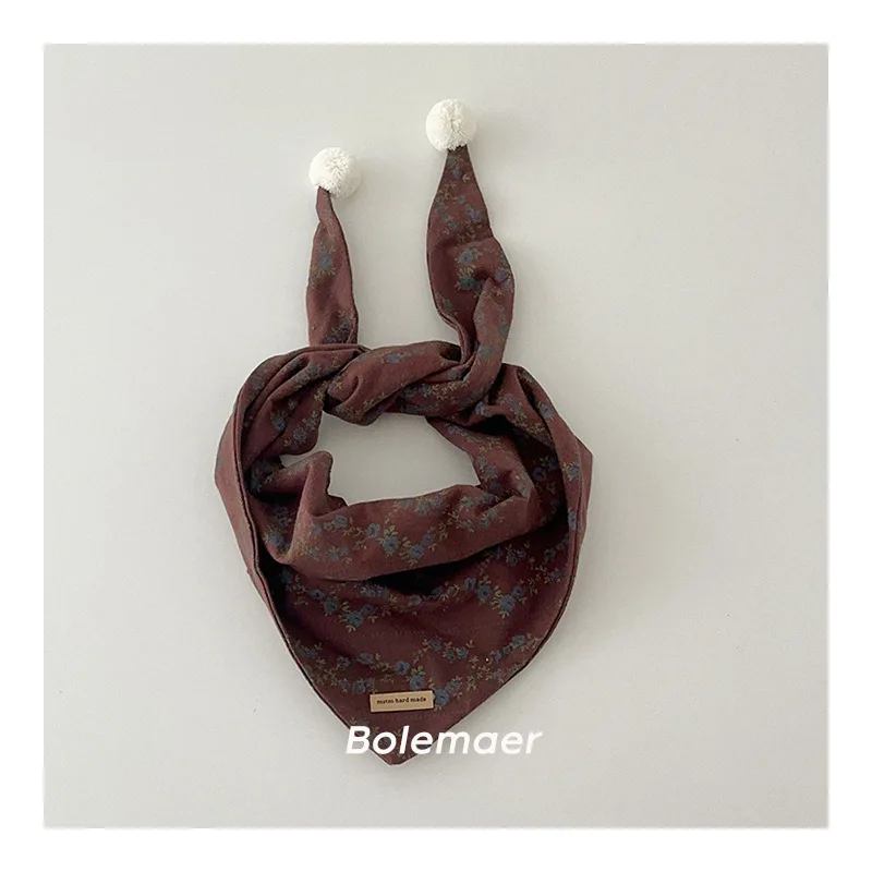 Retro Autumn Kids Scarf Cute Pom Pom Children's Triangle Scarf Warm for Boys and Girls