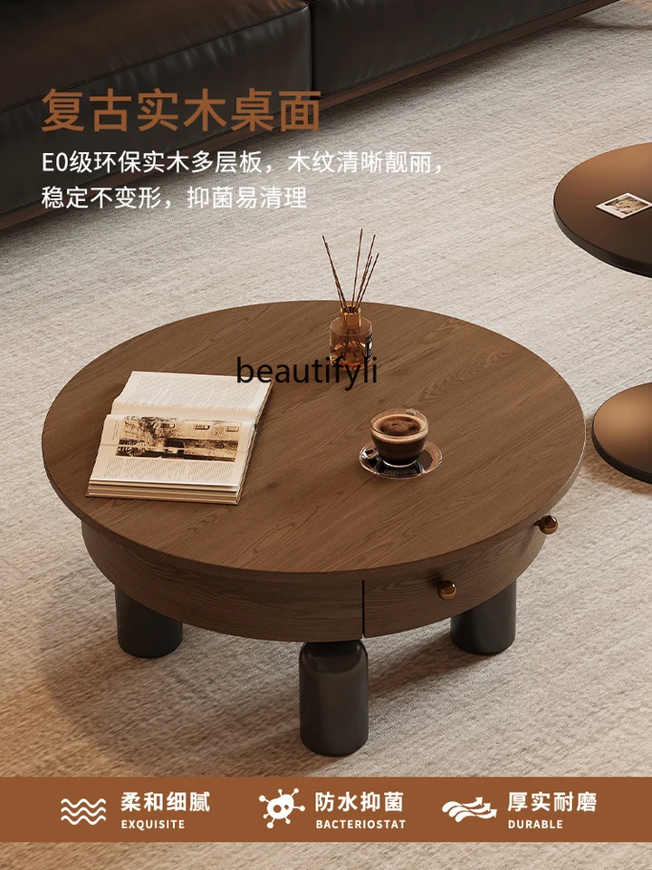 中世の無垢材のコーヒーテーブル、リビングルームのラウンドコーヒー