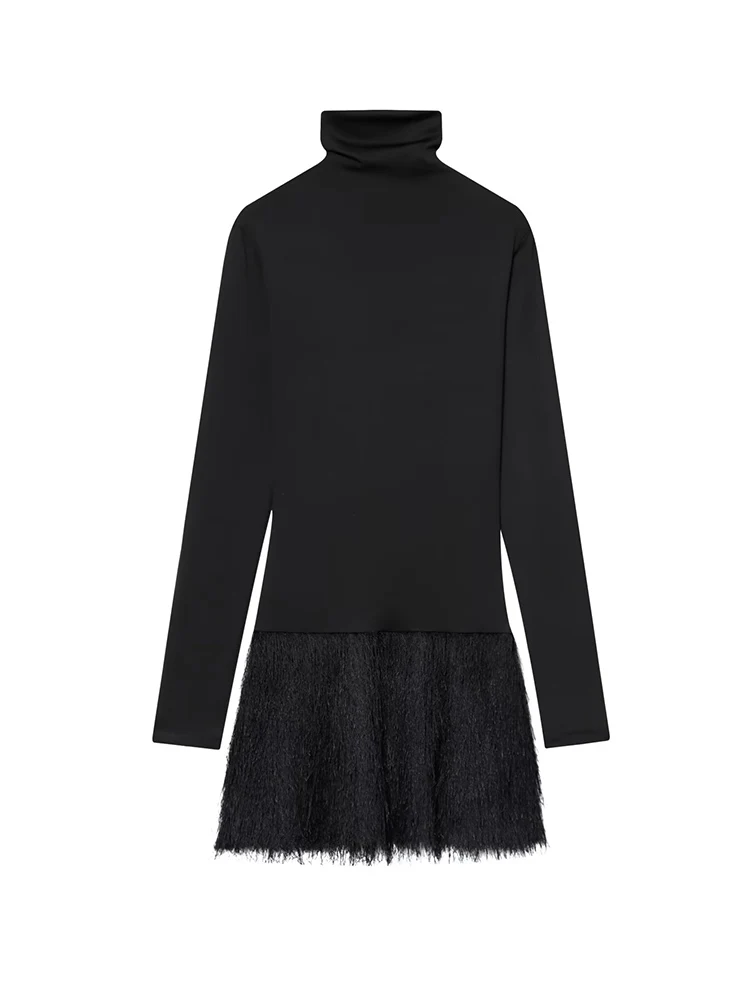 Women's Slim Tassel Dress Sexy Bodycon Long Sleeve Tassel Decoration Turtleneck Ladies Holiday Party Chic Splice Mini Dress