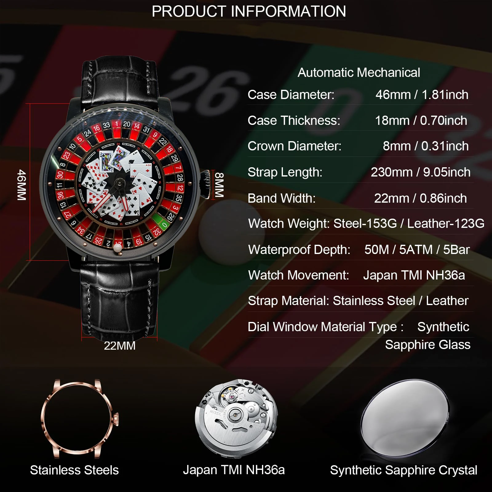 Richard Mechanical Watch NH36 Sapphire Glass Rotating Dial Las Vegas Roulette Desktop Theme Automatic Watch Men Texas Holdem mechanical watch