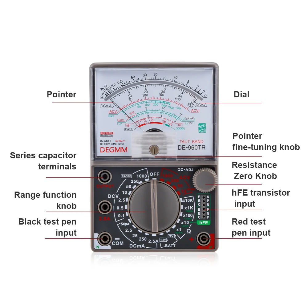 Pointeur DE-960TR Multimètre analogique mécanique, Multifonction AC DC Volt Ohm Courant Électricien Maintenance Compteur de test universel