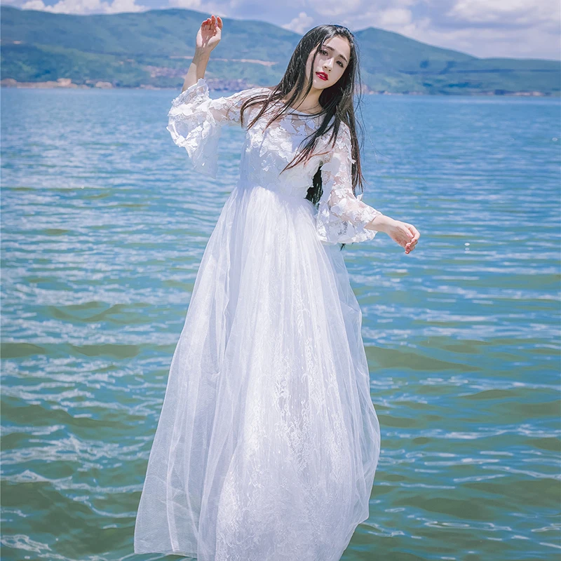 

WTIANYUW High Quality 2022 New Fashion Women Dress Butterfly Embroidery O Neck Flare Sleeves Lace Long Party Dress Vestidos
