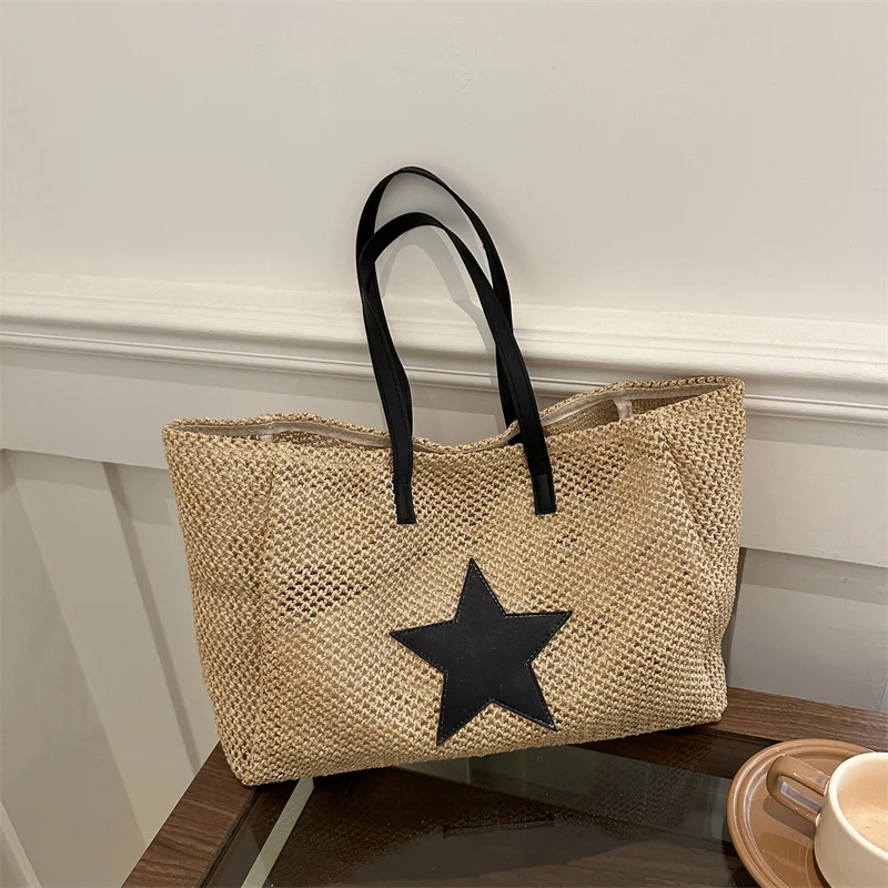 Trendy Straw Shoulder Bag for Women Star Summer Beach Bag Raffia Casual Underarm Bag 2024 Rattan Woven Travel Handbag for Women