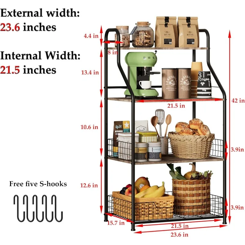 Microwave Stand with Storage 4-Tier, Bakers Racks for Kitchens, Coffee Cart Microwave Cart with Storage, Metal Bakers Rack 6