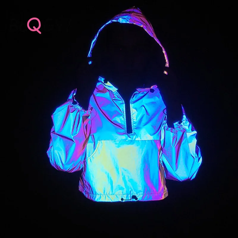 

BaQGW Dazzle Color Reflection Women Hoodies Loose Hip Hop Fashion Long Sleeve Zipper Hooded Sweatshirts Outdoor Running Jackets