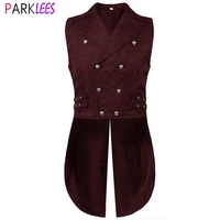 Wine Red Floral Jacquard Steampunk Gothic Vest Men Double Breasted Medieval Victorian Sleeveless Tailcoat Cosplay Prom Costumes 1