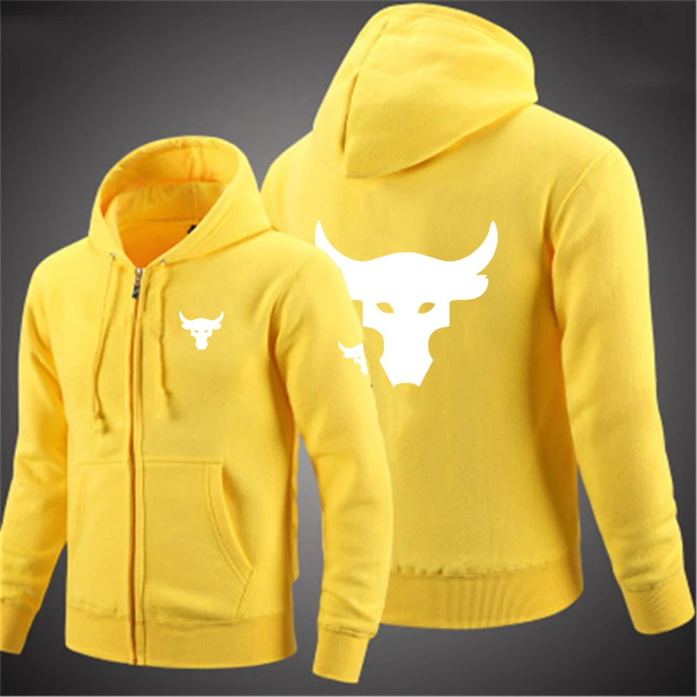thumbnail image 1 of 2024 Spring Autumn Men's Dwayne Johnson Brahma Bull Tattoo Logo Printed Classic Zipper Solid Color Sports Casual Loose Hoodies, 1 of 5