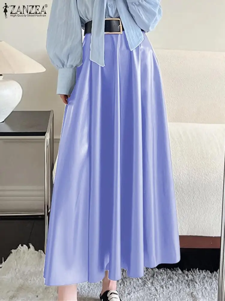 

ZANZEA Women PU Pleating Skirt Korean Leather High Waist Fashion Jupe Vintage Office 2024 Spring Falda Loose Solid Long Skirts
